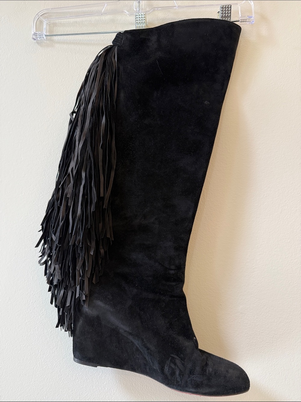 Christian Louboutin Black Suede Fringe Wedge Boot with Signature Red Sole